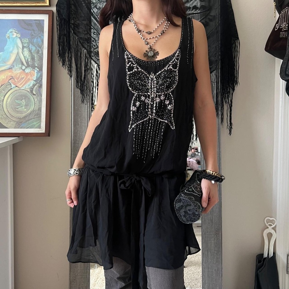 Forever 21 Boutique Beaded Butterfly Tank Dress Black Silver Y2K Grunge Large